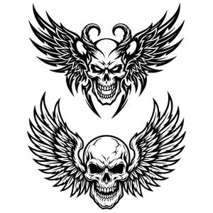 May include: A black and white graphic illustration featuring two distinct skull designs. The top skull has curved horns and large feathered wings. The bottom skull features a more human-like cranium with large, detailed feathered wings extending outward.