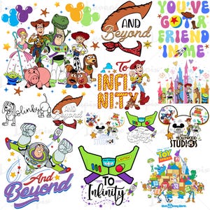 Puede incluir: Una colección de diseños digitales coloridos con personajes y frases de la película animada "Toy Story". Los diseños incluyen imágenes de Woody, Buzz Lightyear y otros personajes, junto con las frases "To Infinity and Beyond" y "You've Got a Friend in Me."