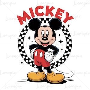 May include: A graphic illustration of Mickey Mouse standing with hands on hips, wearing red shorts and yellow shoes. Behind the character is a black and white checkered circle with four-pointed star accents. The word MICKEY is printed in red above.