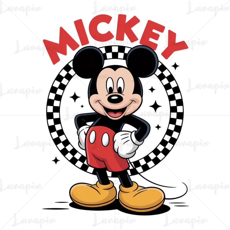 May include: A graphic illustration of Mickey Mouse standing with hands on hips, wearing red shorts and yellow shoes. Behind the character is a black and white checkered circle with four-pointed star accents. The word MICKEY is printed in red above.