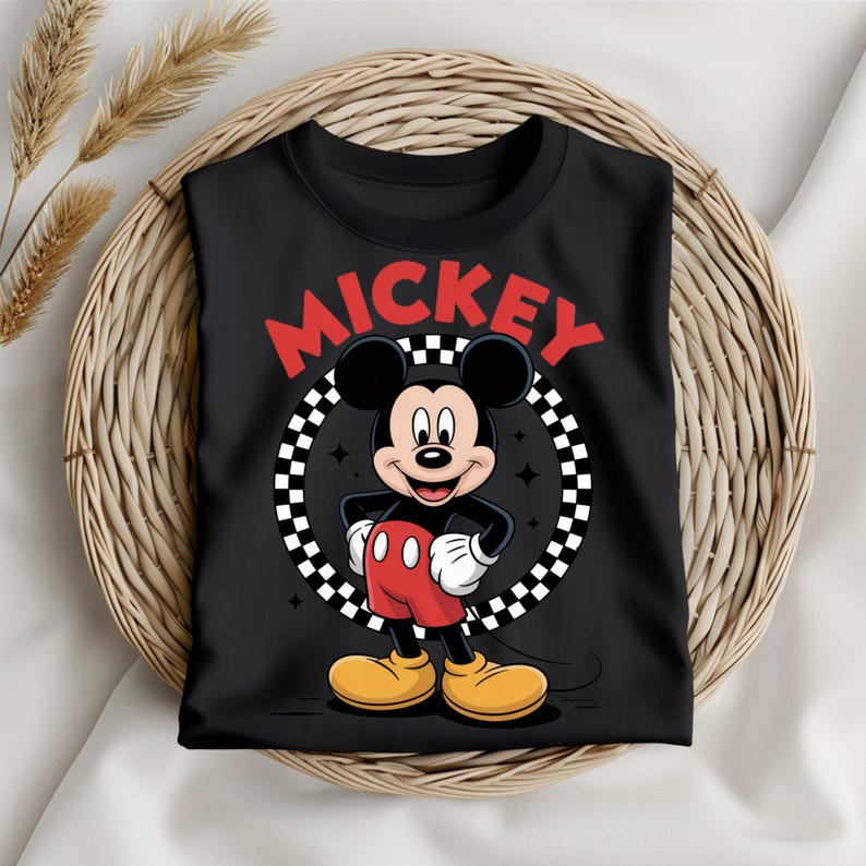 May include: A black t-shirt featuring a graphic of Mickey Mouse standing with hands on hips. The design includes the word MICKEY in red letters above a black and white checkered circle background with small star accents and yellow shoes.