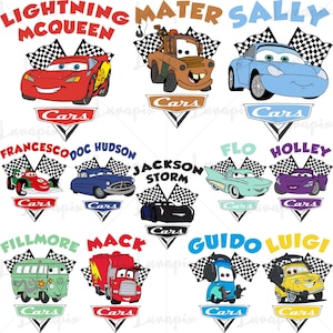 Peut inclure: Illustrations de voitures de dessins animés, personnages du film "Cars". Chaque voiture est d'une couleur et d'un design différents, avec des noms tels que Lightning McQueen, Mater et Sally. Des drapeaux à damiers et le mot "Cars" sont également inclus.
