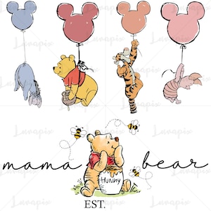 Könnte beinhalten: Eine skurrile Illustration mit Winnie-the-Pooh-Charakteren. I-Aah hängt an einem blauen Ballon, Puuh hält einen Honigtopf, Tigger klettert an einem Ballon und Ferkel klammert sich an einen rosa Ballon. Die Worte "mama bear" und "EST." sind ebenfalls vorhanden.