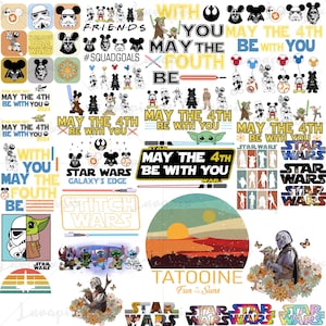 May include: A collage of Star Wars and Disney character graphics. Designs include Mickey Mouse, Yoda, and Stormtroopers, alongside phrases such as "May the 4th Be With You" and "Star Wars." The colour scheme features black, white, and various shades.