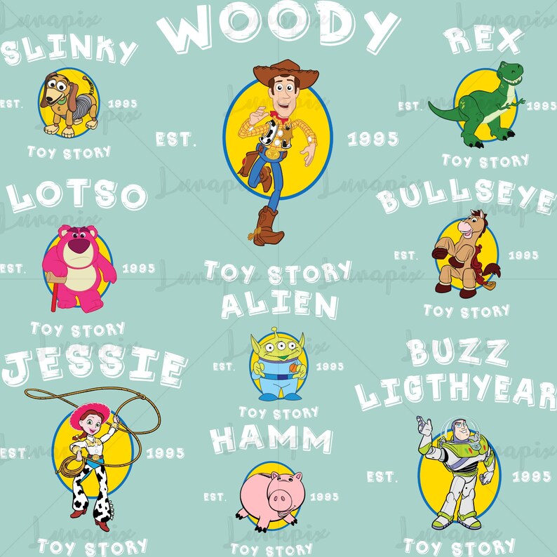 Puede incluir: Un fondo azul claro presenta personajes de dibujos animados de la pel&iacute;cula Toy Story. Woody, Rex, Buzz Lightyear y otros personajes est&aacute;n en c&iacute;rculos amarillos. Tambi&eacute;n est&aacute; presente el texto "Toy Story" y el a&ntilde;o "1995".