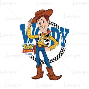 May include: A cartoon illustration of Woody from Toy Story. Woody is wearing a brown cowboy hat, yellow shirt, vest, blue jeans, and brown boots. The image includes the text "WOODY" in blue and "TOY STORY EST. 1999".
