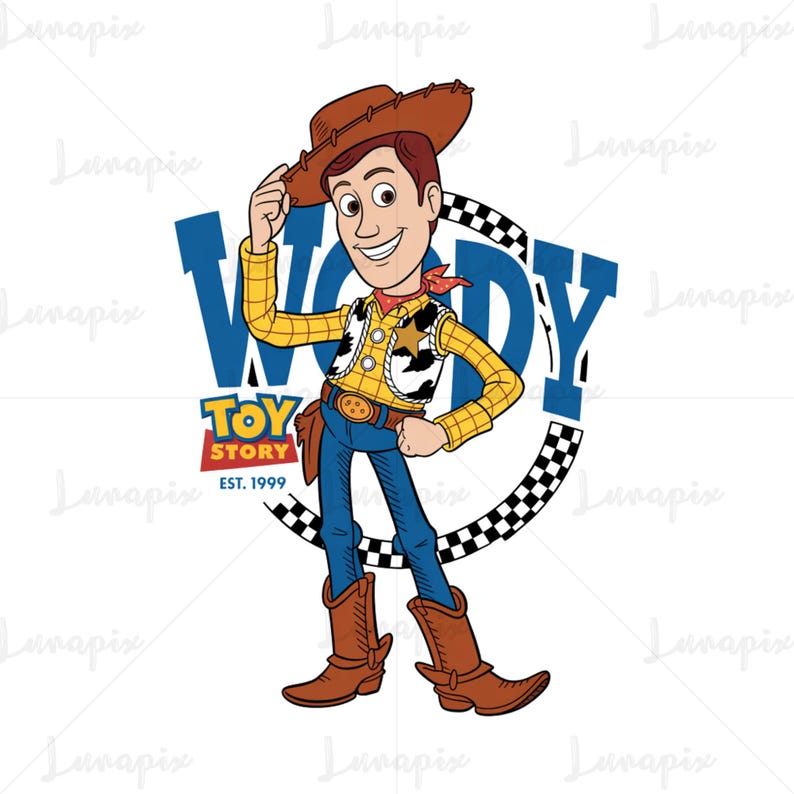 May include: A cartoon illustration of Woody from Toy Story. Woody is wearing a brown cowboy hat, yellow shirt, vest, blue jeans, and brown boots. The image includes the text "WOODY" in blue and "TOY STORY EST. 1999".