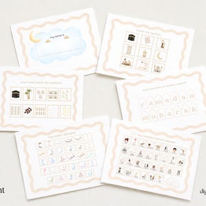 Peut inclure: Ensemble de cartes &eacute;ducatives imprimables sur le th&egrave;me de l'Islam. Les cartes pr&eacute;sentent des illustrations et du texte en anglais et en arabe, notamment un tableau de l'alphabet, des chiffres &agrave; associer et un calendrier de l'Avent du Ramadan. Les mots "pdf print" et "digital download" sont visibles.