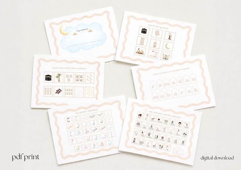 Peut inclure: Ensemble de cartes &eacute;ducatives imprimables sur le th&egrave;me de l'Islam. Les cartes pr&eacute;sentent des illustrations et du texte en anglais et en arabe, notamment un tableau de l'alphabet, des chiffres &agrave; associer et un calendrier de l'Avent du Ramadan. Les mots "pdf print" et "digital download" sont visibles.