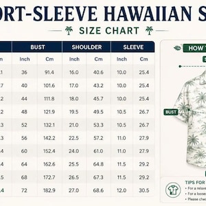 May include: A size chart for a short-sleeve Hawaiian shirt featuring a table with US sizes from XS to 6XL, including length, bust, shoulder, and sleeve measurements in inches and centimeters, alongside a diagram showing how to measure the shirt.