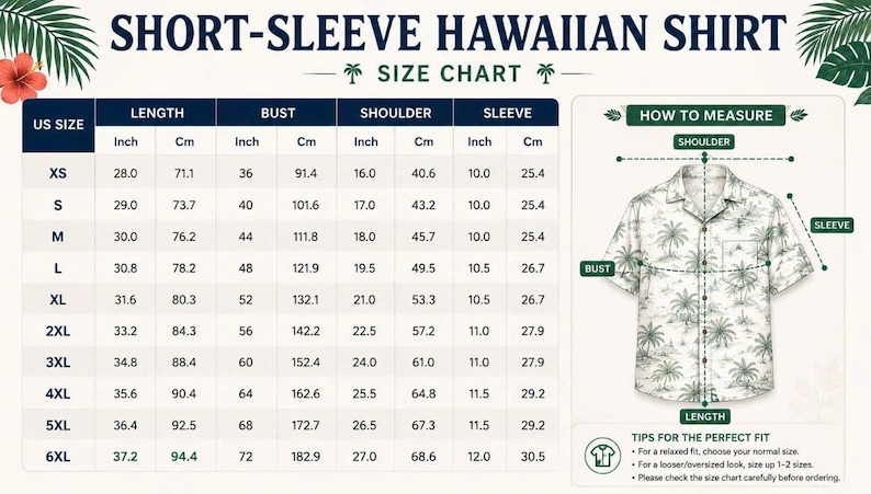May include: A size chart for a short-sleeve Hawaiian shirt featuring a table with US sizes from XS to 6XL, including length, bust, shoulder, and sleeve measurements in inches and centimeters, alongside a diagram showing how to measure the shirt.