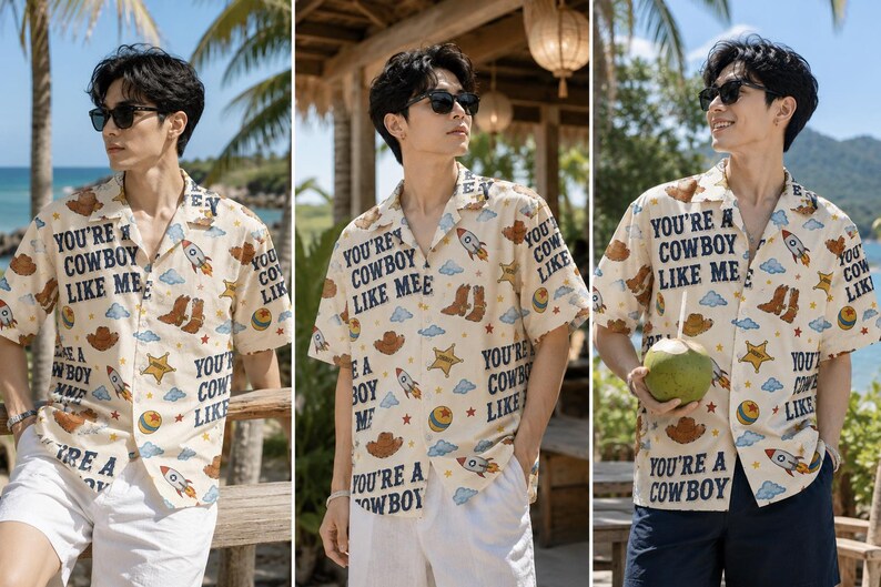 May include: A short-sleeved button-down shirt in a light cream color featuring a repeating pattern of brown cowboy hats, boots, rockets, stars, and blue clouds. The text "YOU'RE A COWBOY LIKE ME" is printed in dark blue across the fabric.
