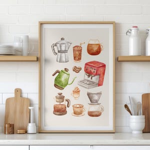 May include: A framed print featuring watercolor illustrations of coffee-related items. The artwork includes a silver stovetop espresso maker, a green teapot, a red espresso machine, and various coffee cups and glasses.