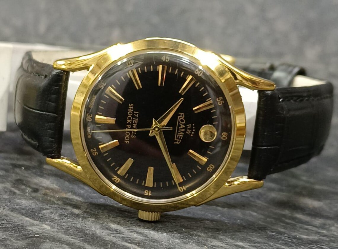 Vintage Roamer Swiss Made Hand-Winding Mechanical Men’s Watch 17 Jewels Black Dial Gold Plated, photo 4 sur 5