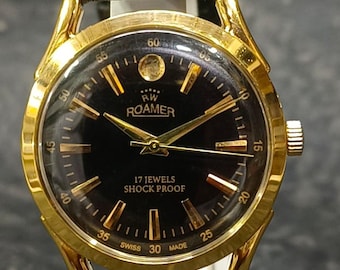 Vintage Roamer Swiss Made Hand-Winding Mechanical Men’s Watch 17 Jewels Black Dial Gold Plated
