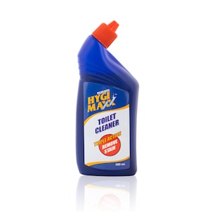 Pode incluir: Uma garrafa de plástico azul de produto de limpeza de sanitas Hygi Maxx com tampa laranja. O rótulo diz "Toilet Cleaner" e "Triple Action Remove Stain". A garrafa contém 500 ml de solução de limpeza.