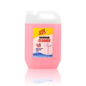 以下が含まれることがあります： Hygi Maxxバスルームクリーナーの大きなピンク色のプラスチック容器。ラベルは黄色と白で、「Bathroom Cleaner」の文字と洗面台のグラフィックが描かれています。容器は5リットル入りです。