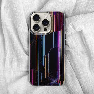 May include: A smartphone case with a black background and a colourful, cracked screen design. The case features vertical lines in shades of purple, blue, and yellow, creating a vibrant, abstract pattern. The case has a clear border and a camera cutout.