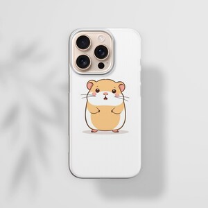 May include: A white phone case featuring a cartoon hamster illustration. The hamster is light brown and white with a surprised expression. The phone case has a gold camera module.