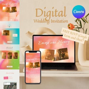 May include: A digital wedding invitation template displayed on a laptop and smartphone screen, featuring a soft pink and orange gradient background, the names Emma and Henry, two rectangular photo frames, and text including Digital Wedding Invitation.