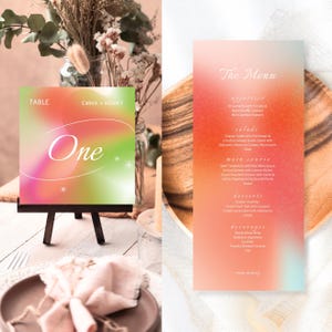 May include: A square table number card featuring a vibrant pink, orange, and green gradient with the text "TABLE", "EMMA + HENRY", and "One" alongside a tall rectangular menu card with a matching gradient and white text listing food items.