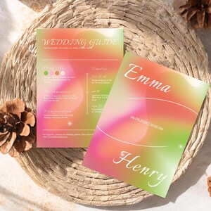 May include: A wedding invitation set featuring a vibrant gradient background of orange, pink, and green. One card displays the text Wedding Guide, while the other features the names Emma and Henry, the date 06.09.2028, and the time 10:00 AM.