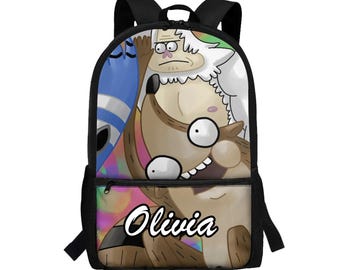 Custom schoolrugzak Regular Show: Mordecai, Rigby gepersonaliseerde laptoptas