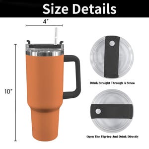 May include: An orange insulated tumbler with a black handle and lid, featuring a straw. The tumbler is 10 inches tall and 4 inches wide. The lid has two options: drink straight through a straw or open the flip-top and drink directly.