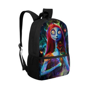 May include: A black backpack featuring a vibrant, colorful graphic print of a pale, blue-skinned character with long red hair, large eyes, and stitched facial details, holding a single red rose against a dark, swirling, multi-colored background.