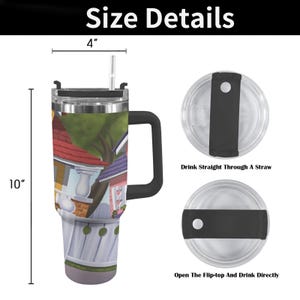 May include: A stainless steel travel mug with a black handle and lid. The mug features a colorful cartoon house design and measures 10 inches tall and 4 inches wide. The lid has a straw opening and a flip-top option. The text on the image says "Drink Straight Through A Straw" and "Open The Flip-top And Drink Directly."