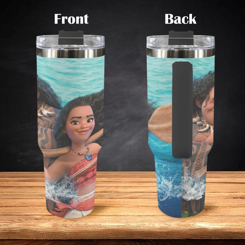 May include: A stainless steel tumbler featuring a colorful design with characters from a popular animated movie. The front of the tumbler shows a smiling character in a red top, while the back displays a character with a handle.
