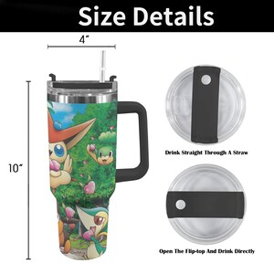 May include: A stainless steel tumbler with a black handle and lid, featuring a colorful cartoon design. The tumbler is 10 inches tall and 4 inches wide. The lid has a straw opening and a flip-top option. Text on the image reads: "Drink Straight Through A Straw" and "Open The Flip-top And Drink Directly."