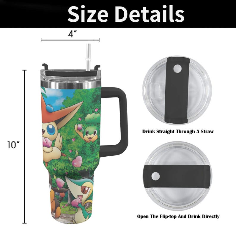 May include: A stainless steel tumbler with a black handle and lid, featuring a colorful cartoon design. The tumbler is 10 inches tall and 4 inches wide. The lid has a straw opening and a flip-top option. Text on the image reads: "Drink Straight Through A Straw" and "Open The Flip-top And Drink Directly."