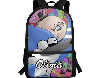 Custom schoolrugzak Regular Show: Mordecai, Rigby gepersonaliseerde laptoptas