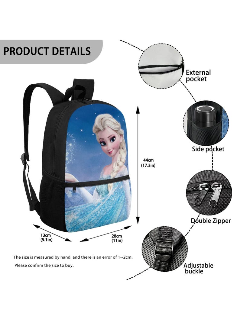 Puede incluir: Una mochila negra con un gr&aacute;fico de un personaje rubio con vestido azul. Las dimensiones son 44 cm de alto, 28 cm de ancho y 13 cm de profundidad. Incluye un bolsillo externo, un bolsillo lateral, cremallera doble y una hebilla ajustable.