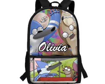 Custom schoolrugzak Regular Show: Mordecai, Rigby gepersonaliseerde laptoptas
