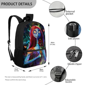 May include: A black backpack featuring a graphic of a female character with long red hair holding a rose. Dimensions are 17.3 inches high, 11 inches wide, and 5.1 inches deep. Features include an external pocket, side pocket, double zipper, and adjustable buckle.