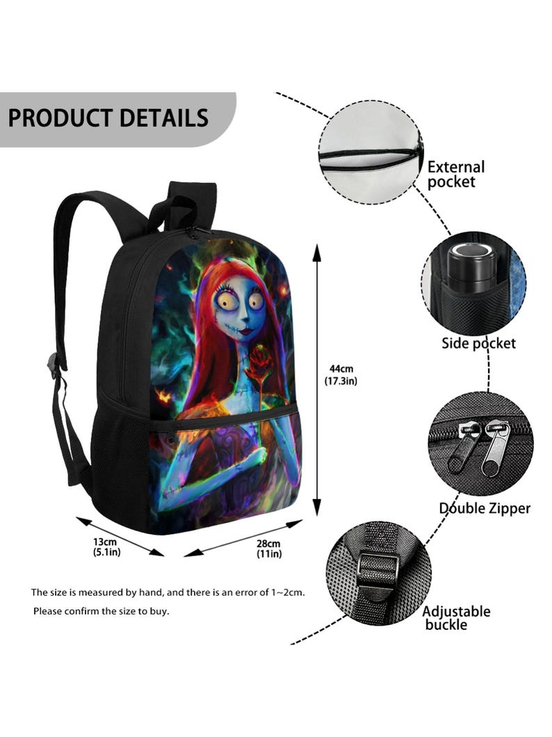 May include: A black backpack featuring a graphic of a female character with long red hair holding a rose. Dimensions are 17.3 inches high, 11 inches wide, and 5.1 inches deep. Features include an external pocket, side pocket, double zipper, and adjustable buckle.