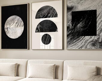 Set of 3 Abstract Circle Prints – Black White Scandinavian Wall Art, Minimalist Gallery Set