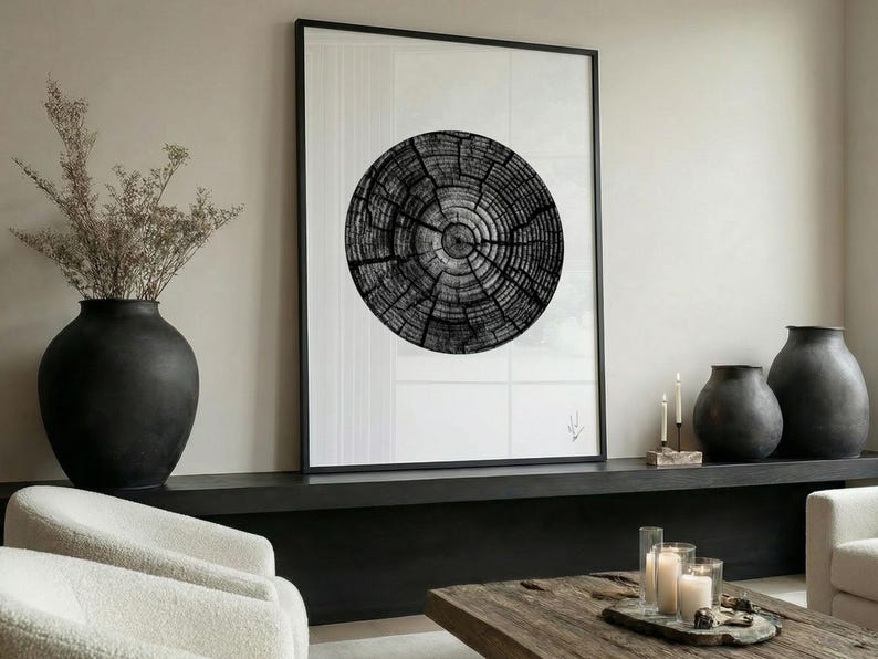 Minimalist Tree Ring Print - Black and White Scandinavian Wall Art ...