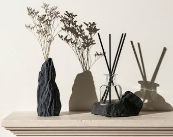 Stone Reed Diffuser Set, Japandi Home Decor, Minimalist Vase Bundle, Neutral Living Room Decor