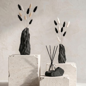 May include: Two black stone vases with dried flowers in black, white, and beige. A clear glass diffuser bottle with black reeds sits on a stone base. The vases and base are on square, textured, light-colored pedestals.