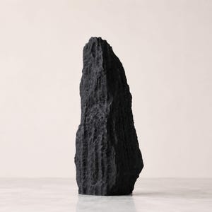 May include: A tall, vertical sculpture with a rough, craggy texture and a matte black finish. The object features an irregular, jagged silhouette with deep crevices and ridges across its entire surface, resembling a piece of natural volcanic rock.