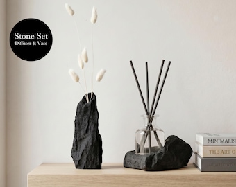 Stone Reed Diffuser Set, Japandi Home Decor, Minimalist Vase Bundle, Neutral Living Room Decor