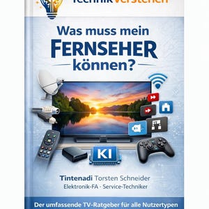 May include: A book cover with the title "Was muss mein FERNSEHER können?" (What must my TV be able to do?) features a TV screen displaying a sunset. Other elements include a satellite dish, remote, and game controller. The book is by Tintenadi Torsten Schneider.