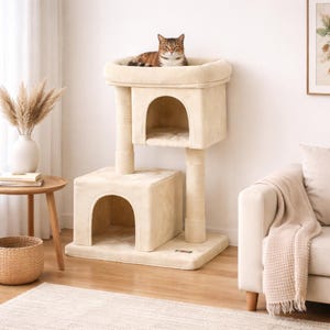 May include: Beige cat tree with multiple levels, including a top perch and two enclosed hideaways. The cat tree has scratching posts and a resting cat on top. A cozy and comfortable space for feline friends.