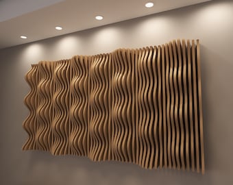 May include: A large, wooden wall panel with a wave-like design. The panel is made of vertical, curved wooden slats, creating a textured, three-dimensional effect. The wood has a warm, natural tone, and the panel is mounted on a neutral-colored wall. The panel is approximately 10 feet wide.
