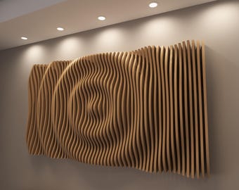 May include: A large, wooden wall art piece with a wave-like design. The artwork is made of vertical wooden slats, creating a textured, three-dimensional effect. The natural wood color adds warmth to the room. The piece is mounted on a neutral-colored wall.