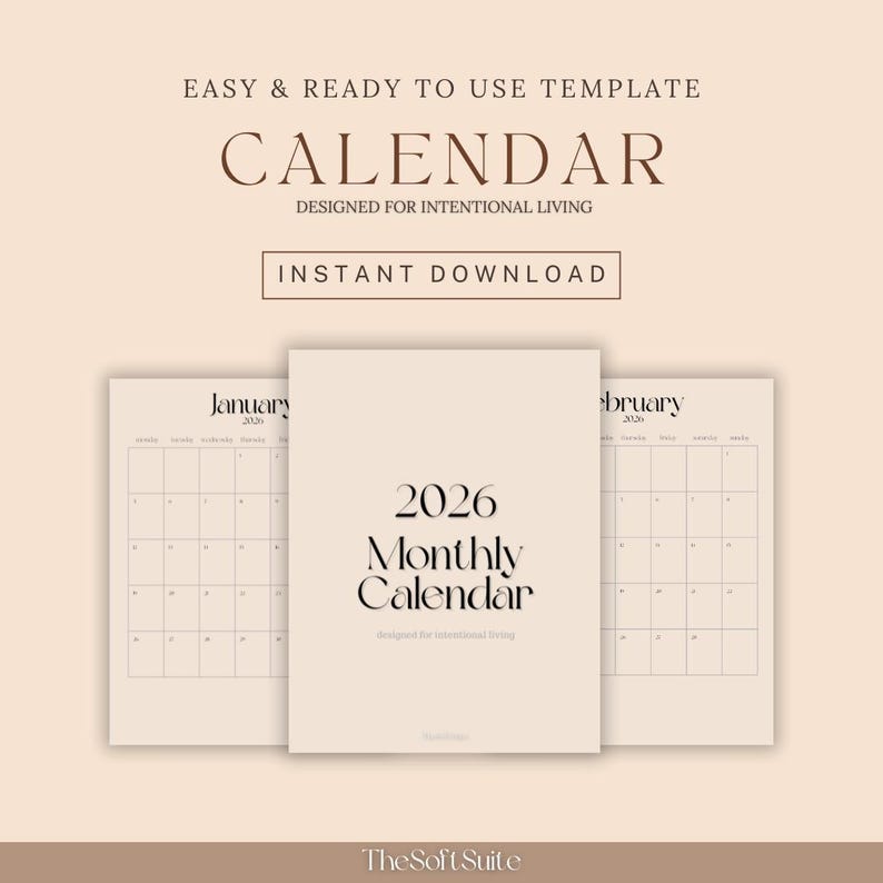 2026 Monthly Calendar Printable | Minimal Neutral Wall Calendar | Soft ...