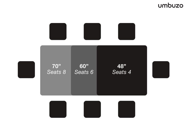 May include: Diagram showing seating arrangements for tables of different sizes. The image displays three rectangular areas labeled with dimensions and seating capacity: 70" (Seats 8), 60" (Seats 6), and 48" (Seats 4). Black squares represent chairs.